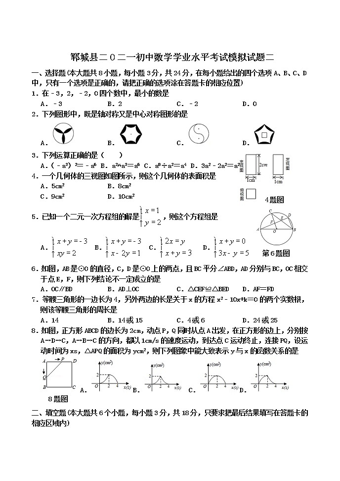 2021年山东省菏泽市郓城县中考模拟数学试题（二）（word版 含答案）01