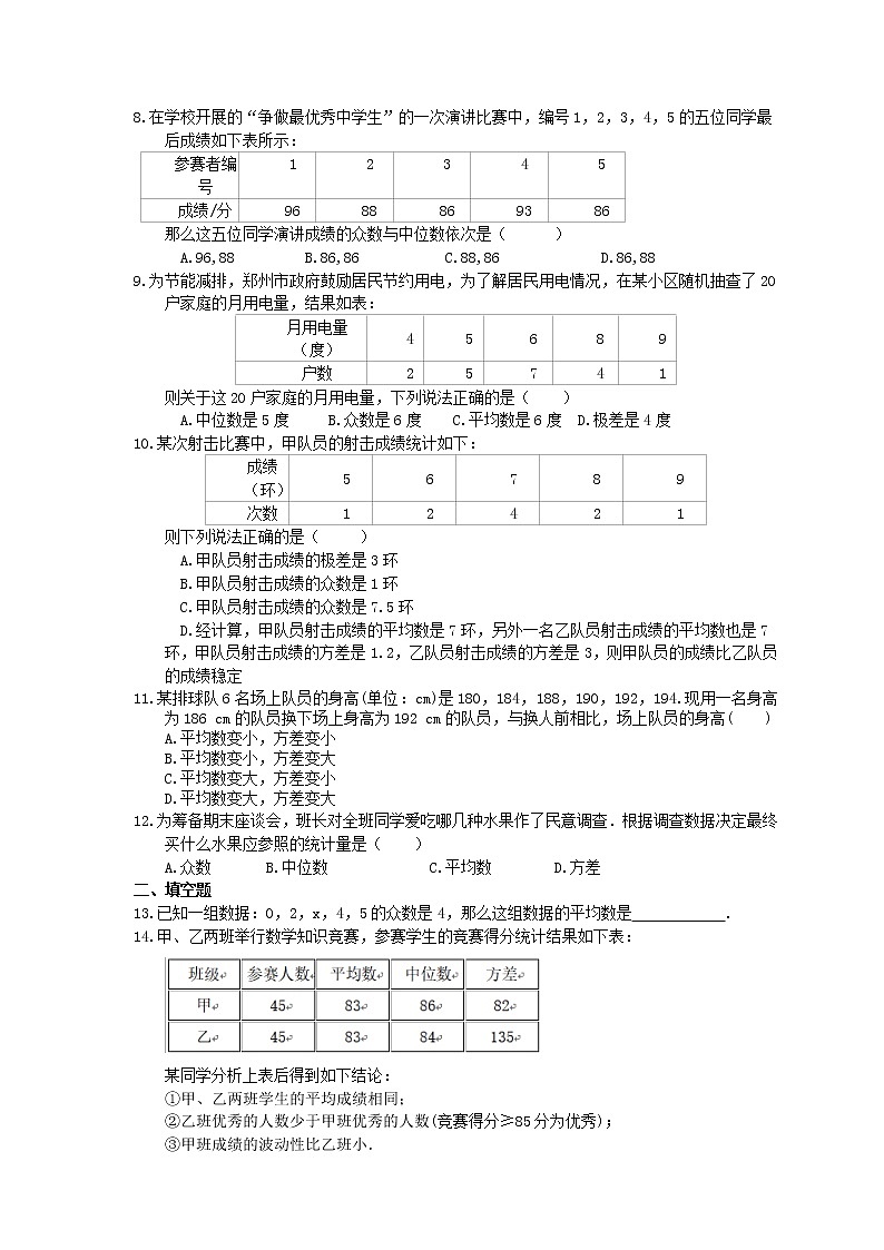 2021年浙教版数学八年级下册《数据分析初步》期末复习卷（含答案）02