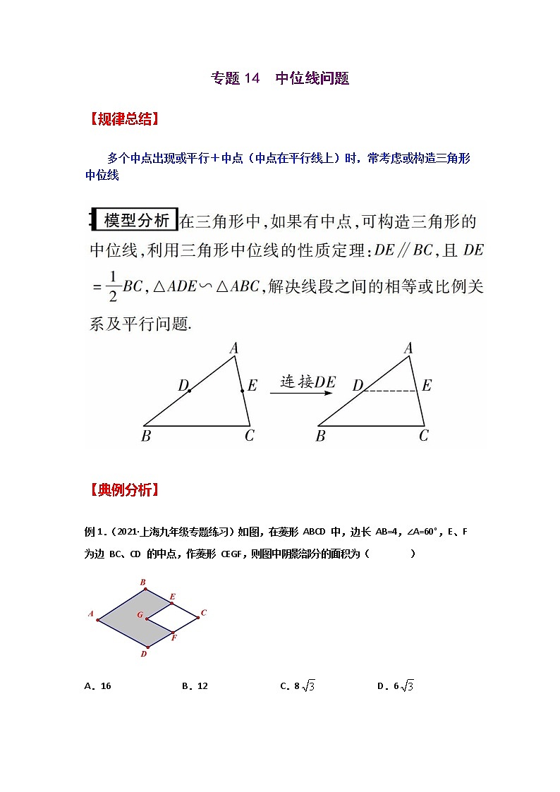 专题14  中位线问题-2021年中考数学二轮复习经典问题专题训练01
