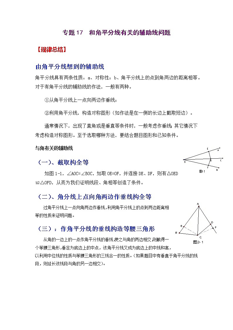 专题17  和角平分线有关的辅助线问题-2021年中考数学二轮复习经典问题专题训练01