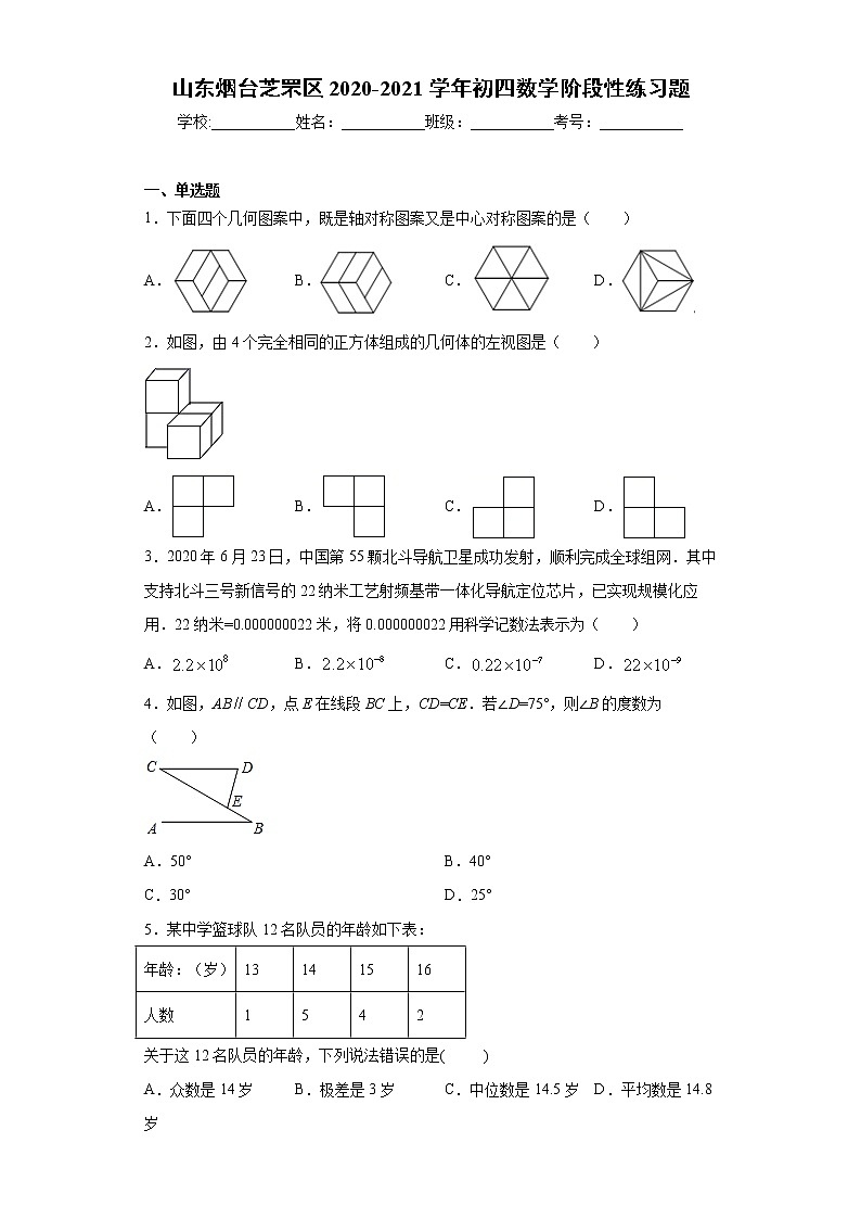 山东烟台芝罘区2020-2021学年初四数学阶段性练习题（word版 含答案）第1页