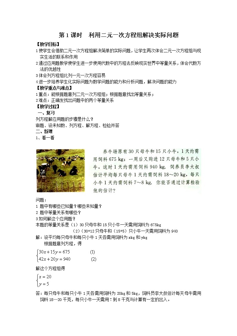 人教版数学七年级下8.3 第1课时 利用二元一次方程组解决实际问题 2 教案01