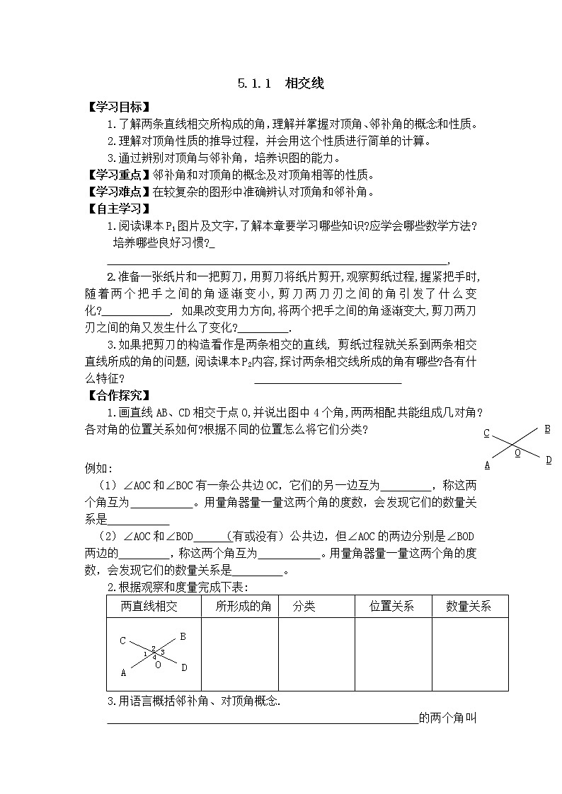 人教版数学七年级下5.1.1 相交线 2 学案01
