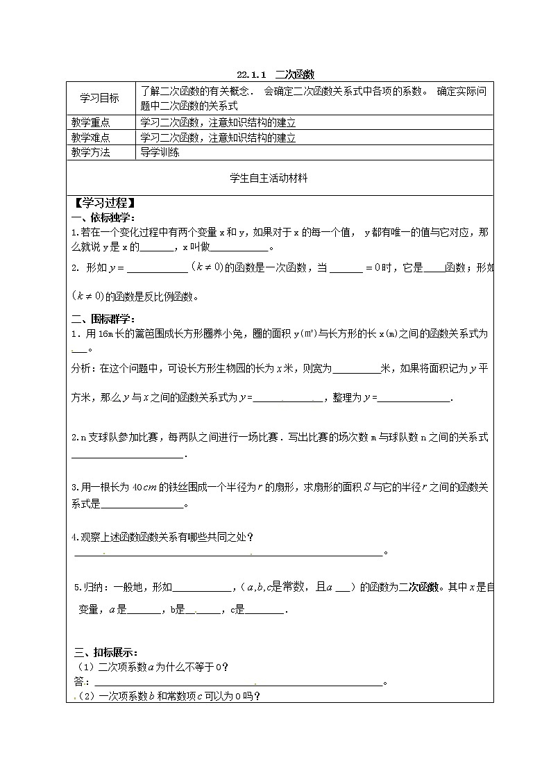 人教版数学九年级上22.1.1  二次函数1 学案01