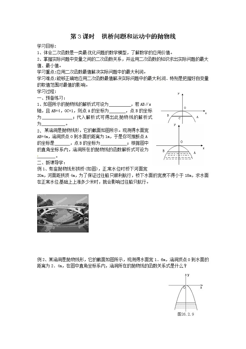 人教版数学九年级上22.3  第3课时  拱桥问题和运动中的抛物线1 学案01