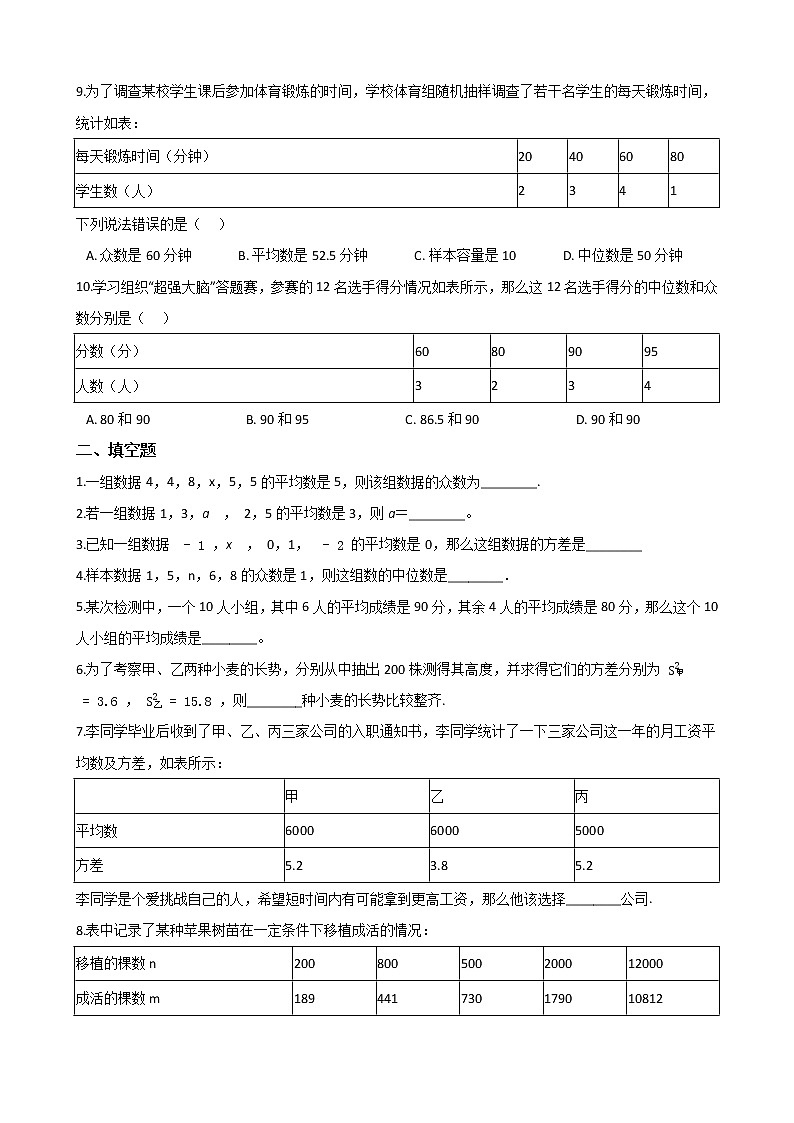 2020-2021学年  人教版八年级数学下册   第二十章 《数据的分析》 单元测试卷（含答案）02