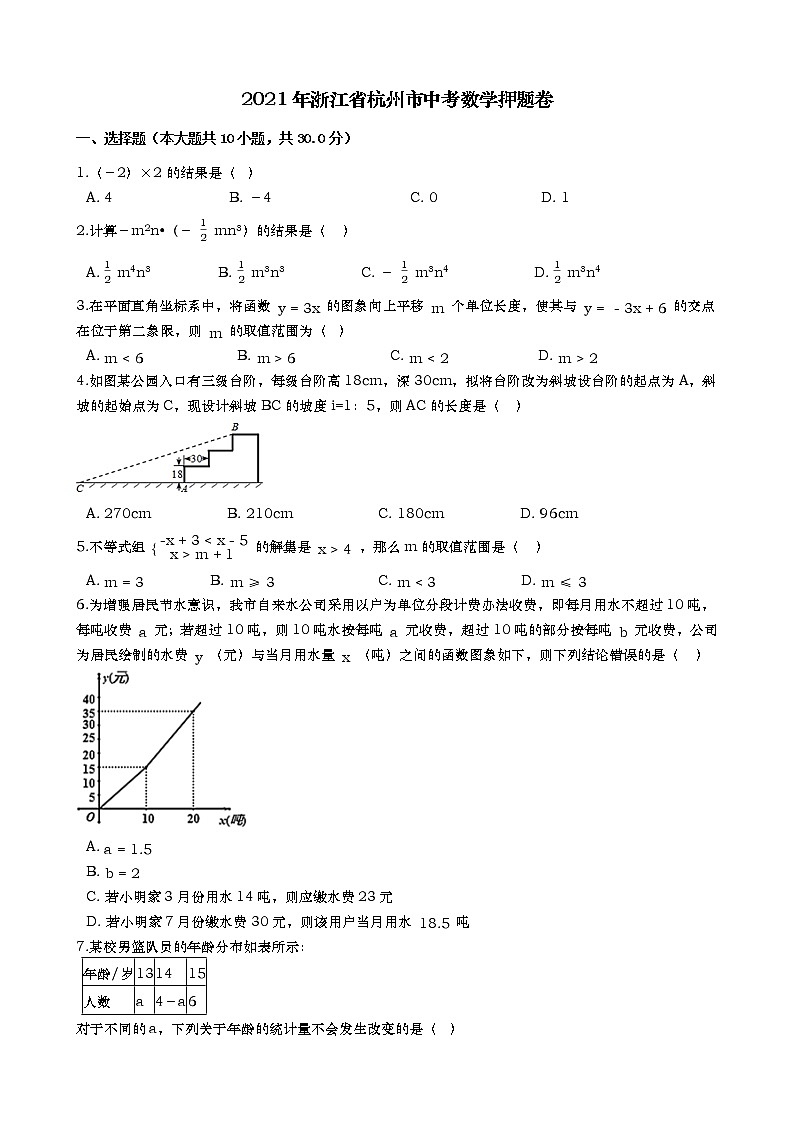 2021年浙江省杭州市中考数学押题卷（Word版 含解答）01