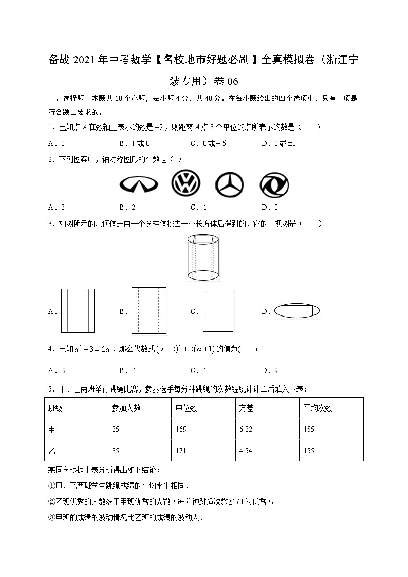 备战2021年中考数学【名校地市好题必刷】全真模拟卷（浙江宁波专用）（原卷、解析版）01