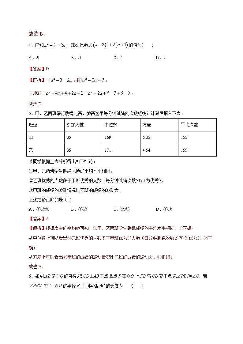 备战2021年中考数学【名校地市好题必刷】全真模拟卷（浙江宁波专用）（原卷、解析版）02