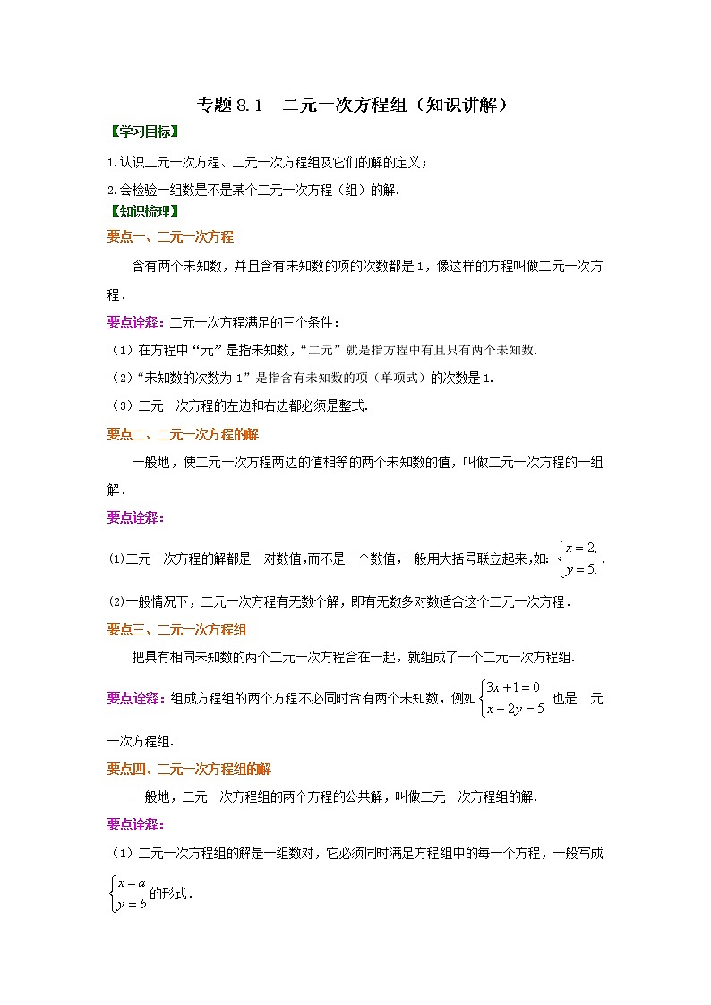 专题8.1 二元一次方程组（知识讲解）-2020-2021学年七年级数学下册基础知识专项讲练（人教版）01