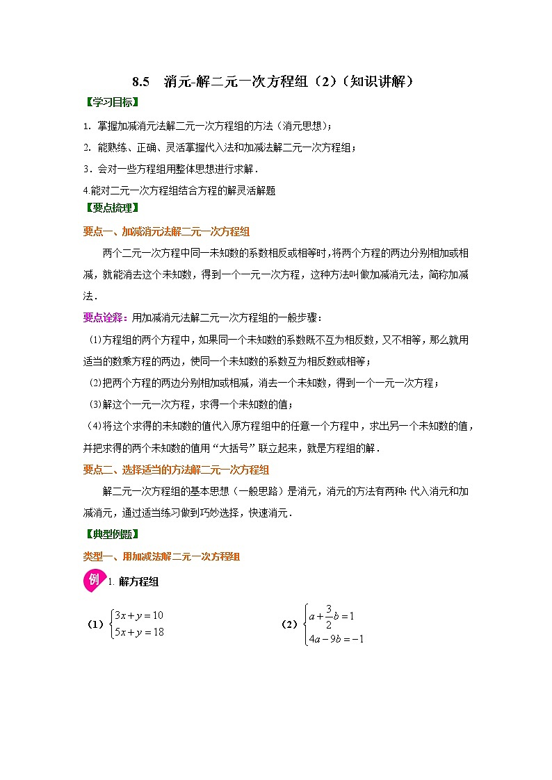 专题8.5 消元-解二元一次方程组（2）（知识讲解）-2020-2021学年七年级数学下册基础知识专项讲练（人教版）01