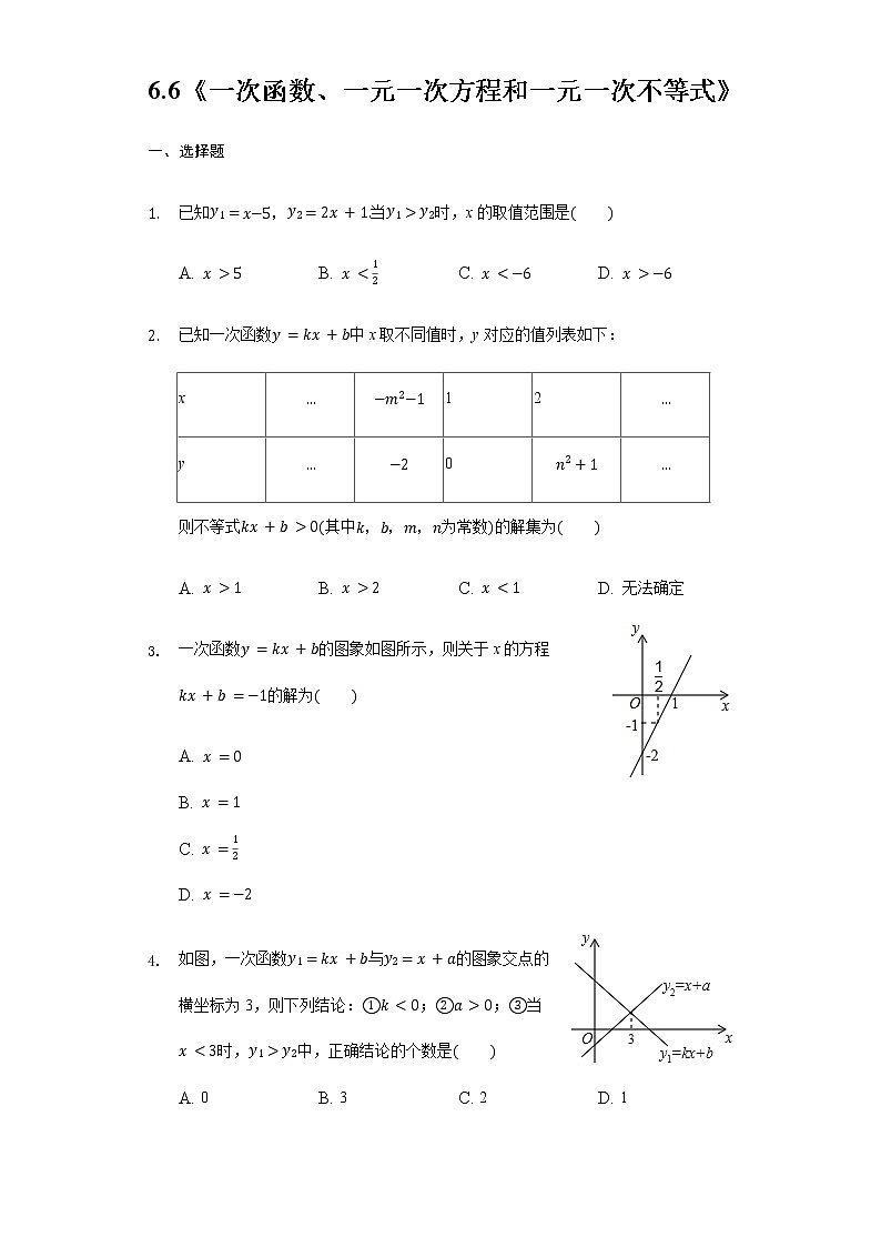 苏科版八年级上册数学同步练习  6.6一次函数、一元一次方程和一元一次不等式01