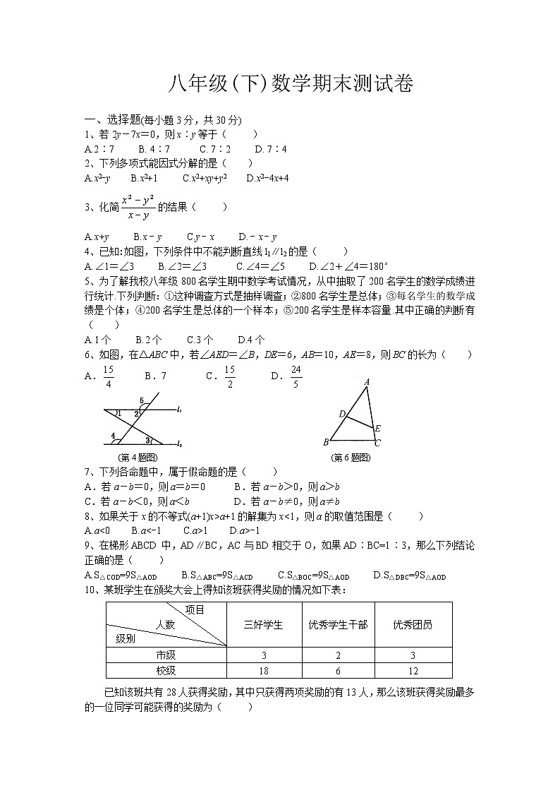 北师大版八年级下数学期末测试卷2及其解答01