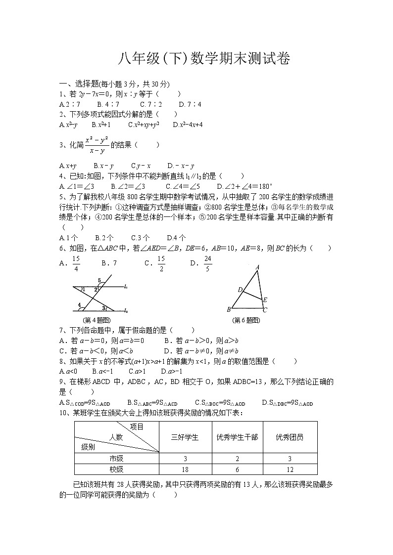 北师大版八年级(下)数学期末测试卷201