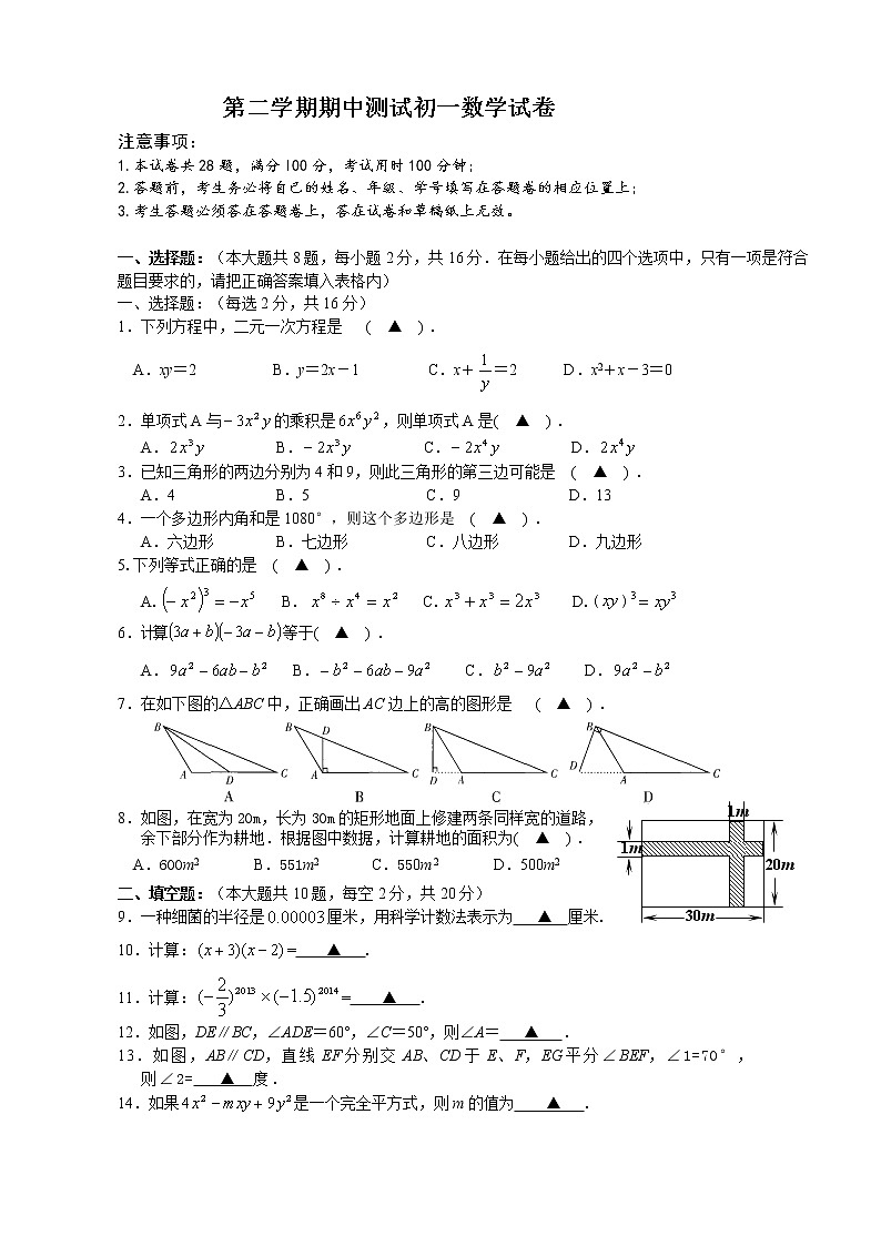 苏科版七年级下册数学期中考试试卷 (2)01