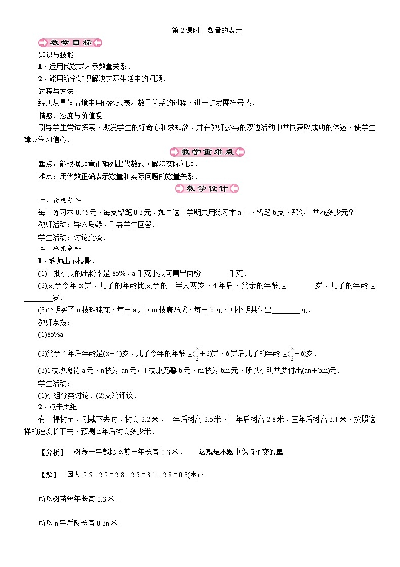 2021秋冀教版七年级数学上册教案：3.2　代数式 (3份打包)01