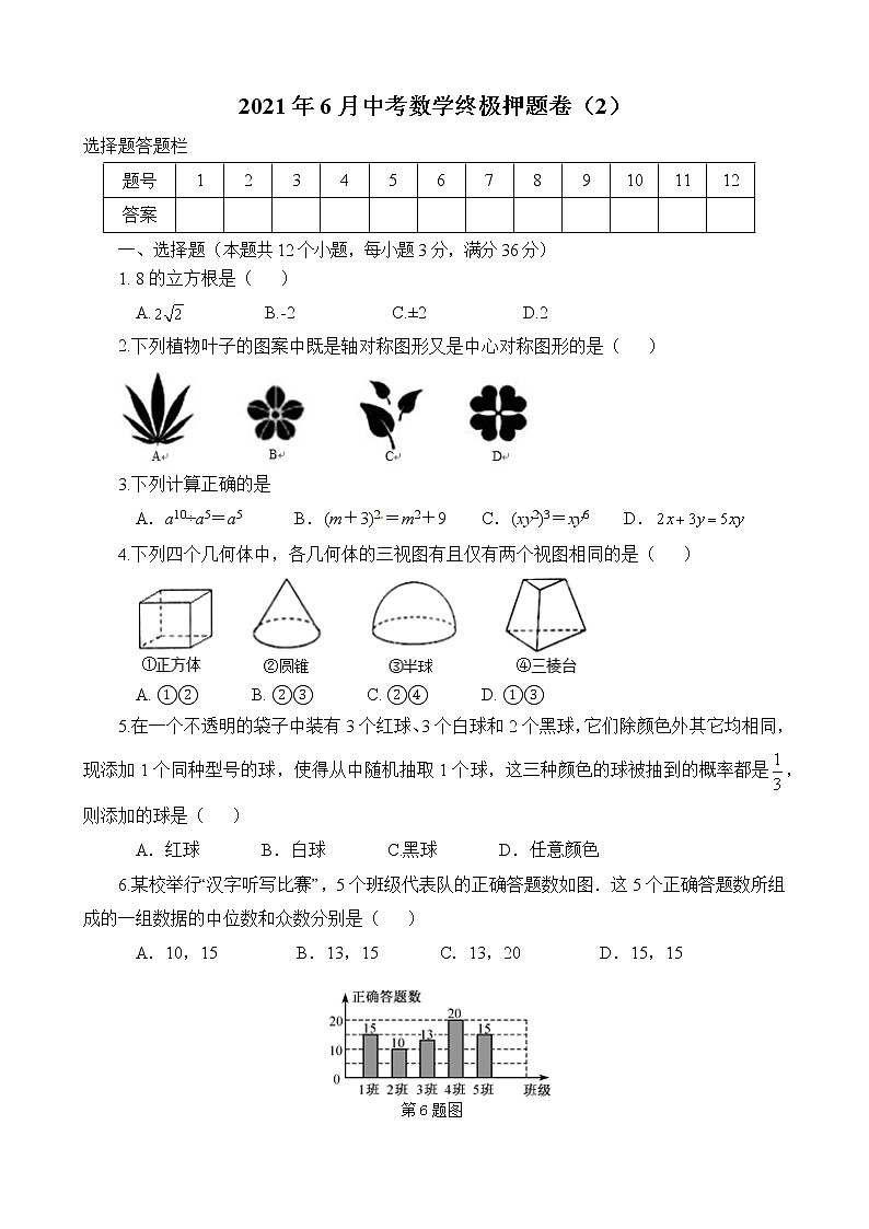 2021年山东省烟台市中考终极押题卷（2）（word版 含答案）01