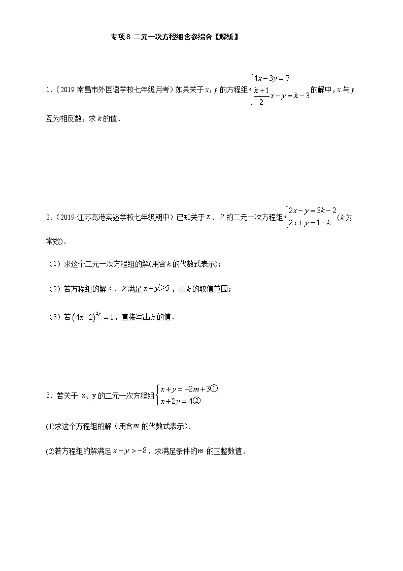 专项08 二元一次方程组含参综合七年级数学下册培优专项（人教版）试卷01