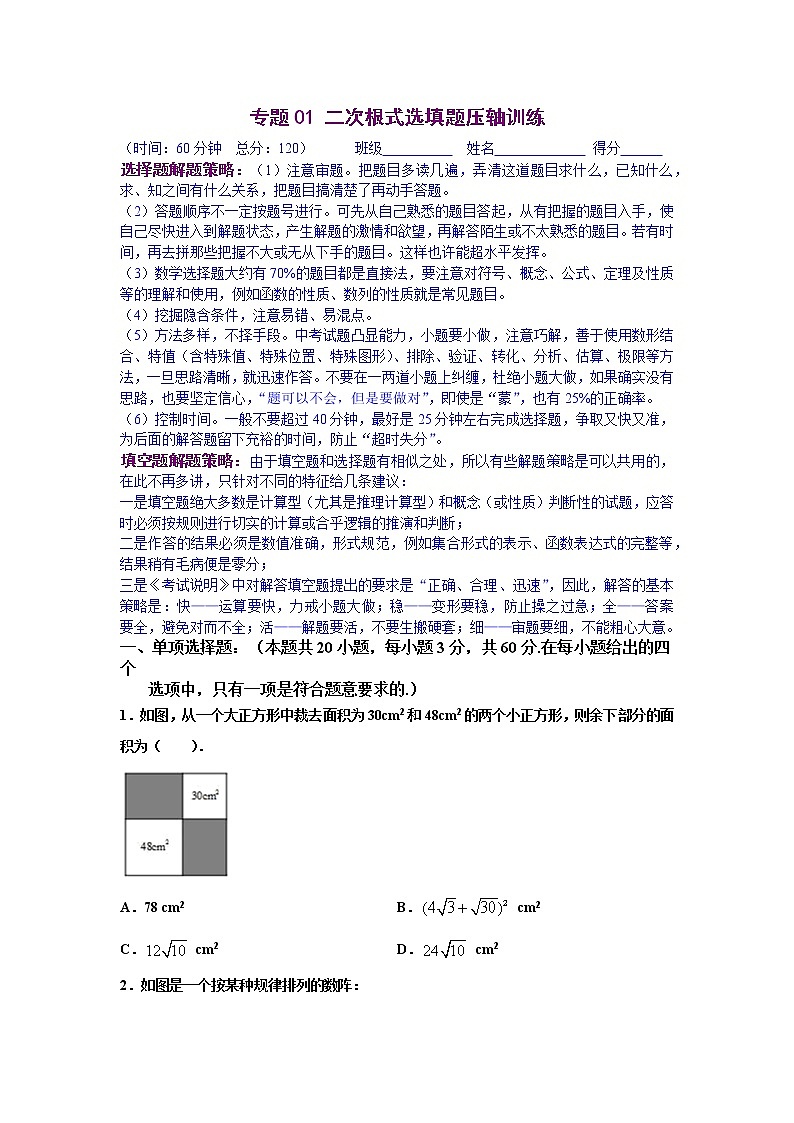 专题01 二次根式选填题压轴训练（原卷版）八年级数学下学期期末考试压轴题专练（人教版，尖子生专用）01