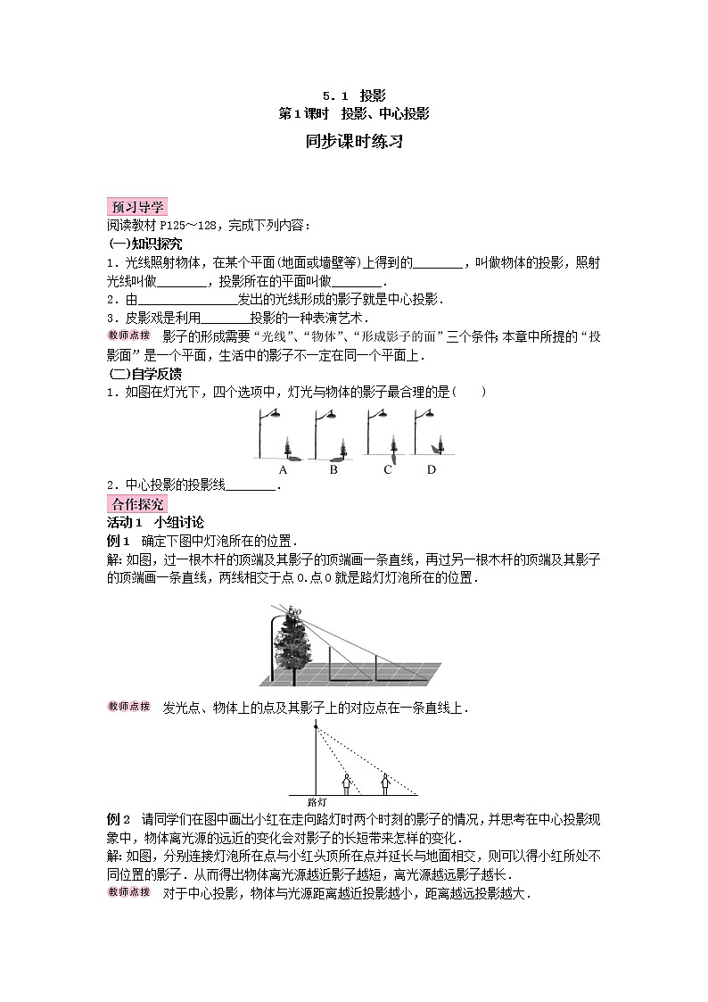 北师大版九年级数学同步课时练习：5.1 投影第1页