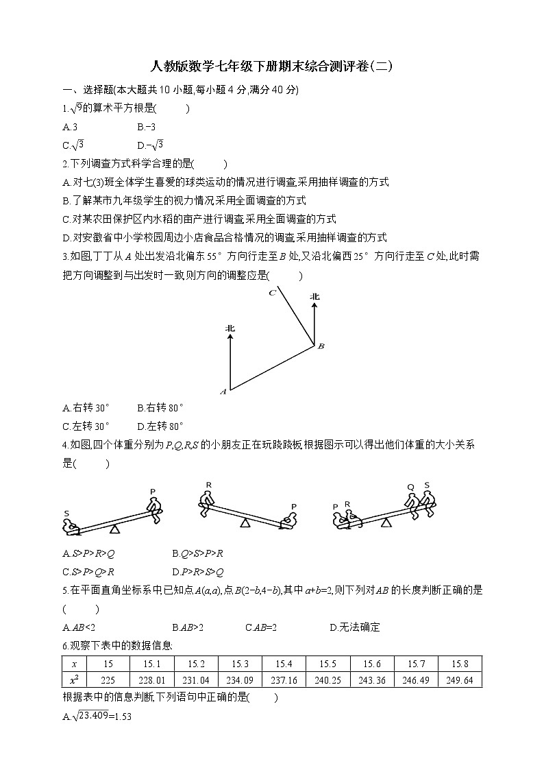 2020-2021学年人教版数学七年级下册期末综合测评卷(二)（word版 含答案）01