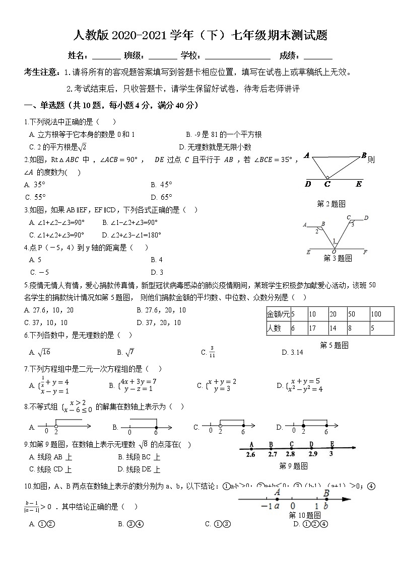 2020-2021学年人教版七年级数学期末测试题第1页
