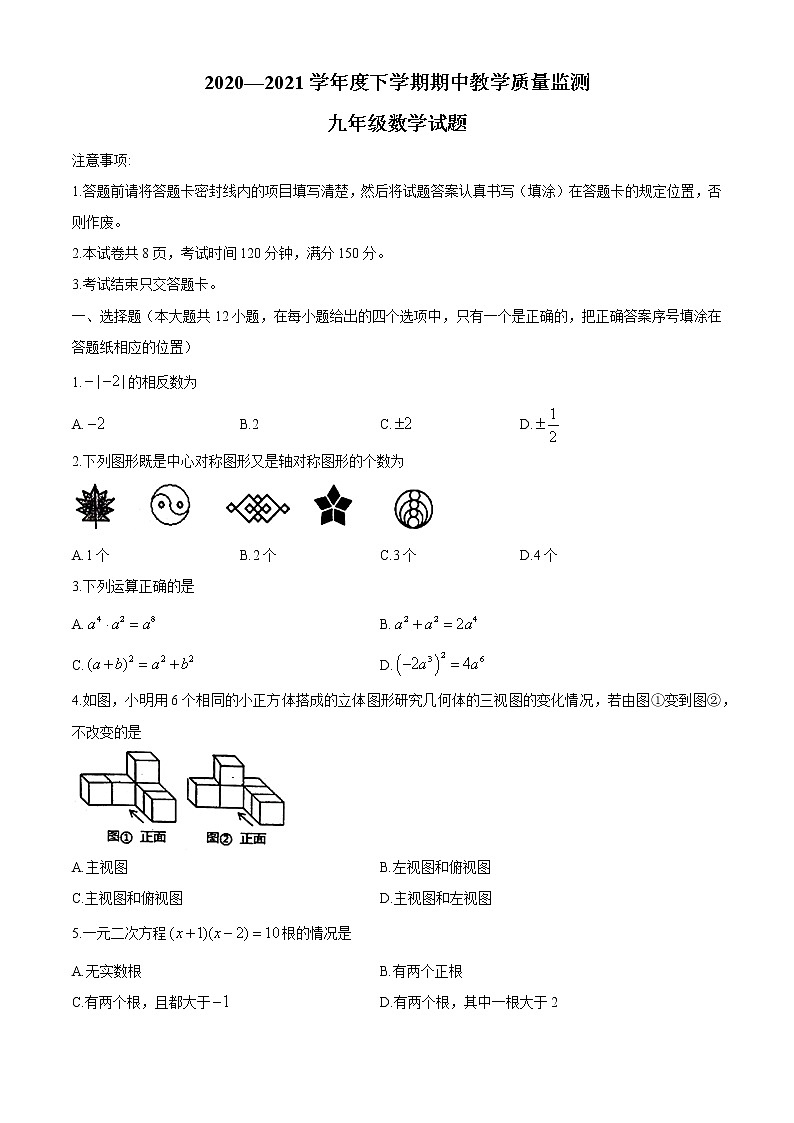 山东泰安肥城市2020-2021学年九年级下学期期中教学质量监测数学试题(一模)01