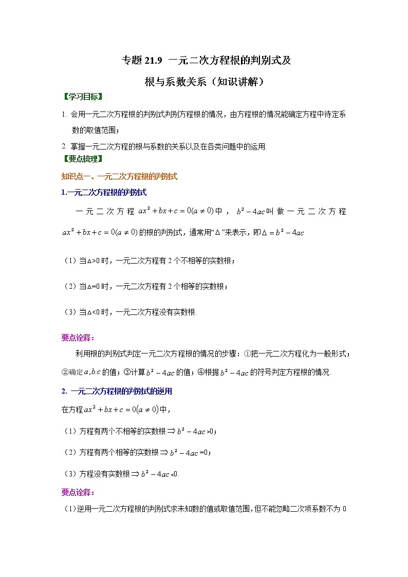 专题21.9 一元二次方程根的判别式及根与系数关系（知识讲解）九年级数学上册基础知识专项讲练（人教版）01