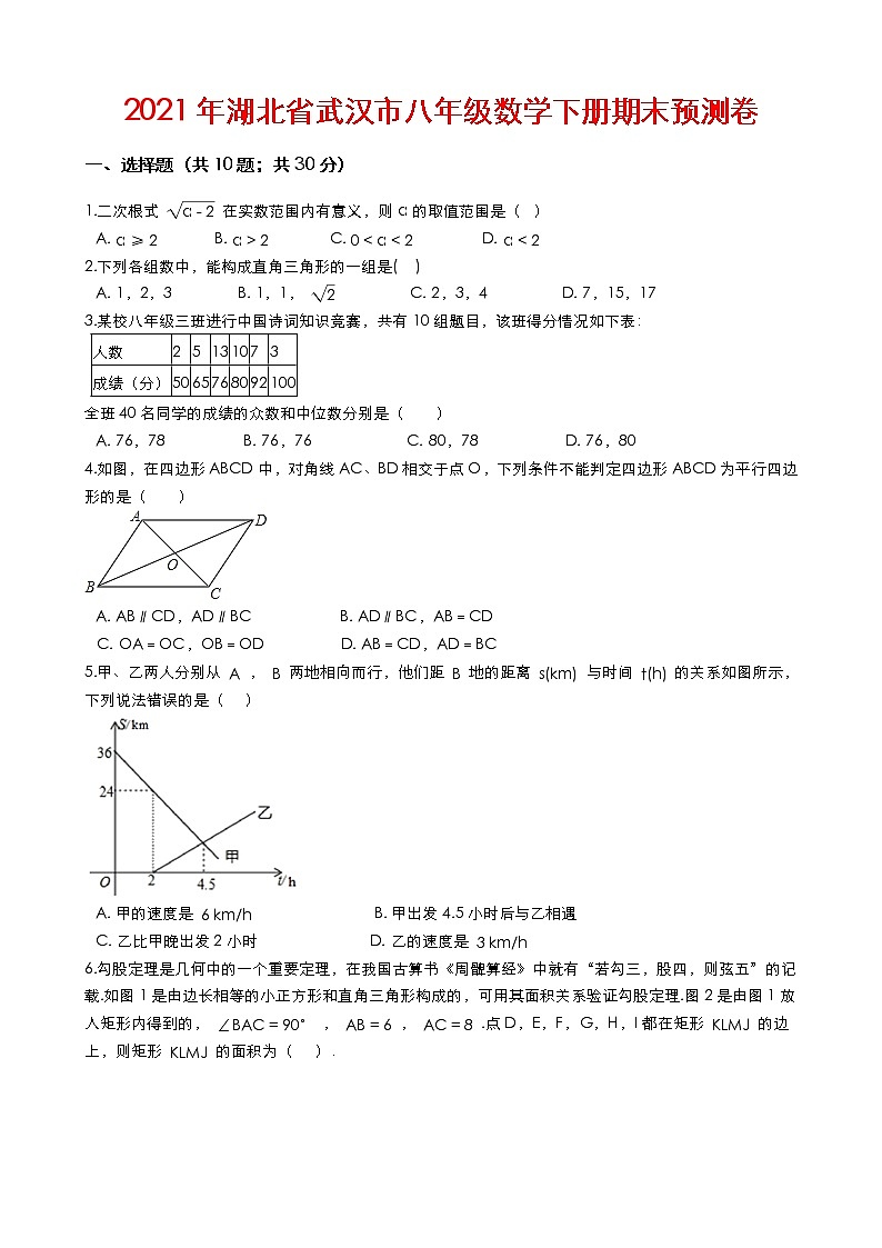 2021年湖北省武汉市八年级数学下册期末预测（Word版含解答）01
