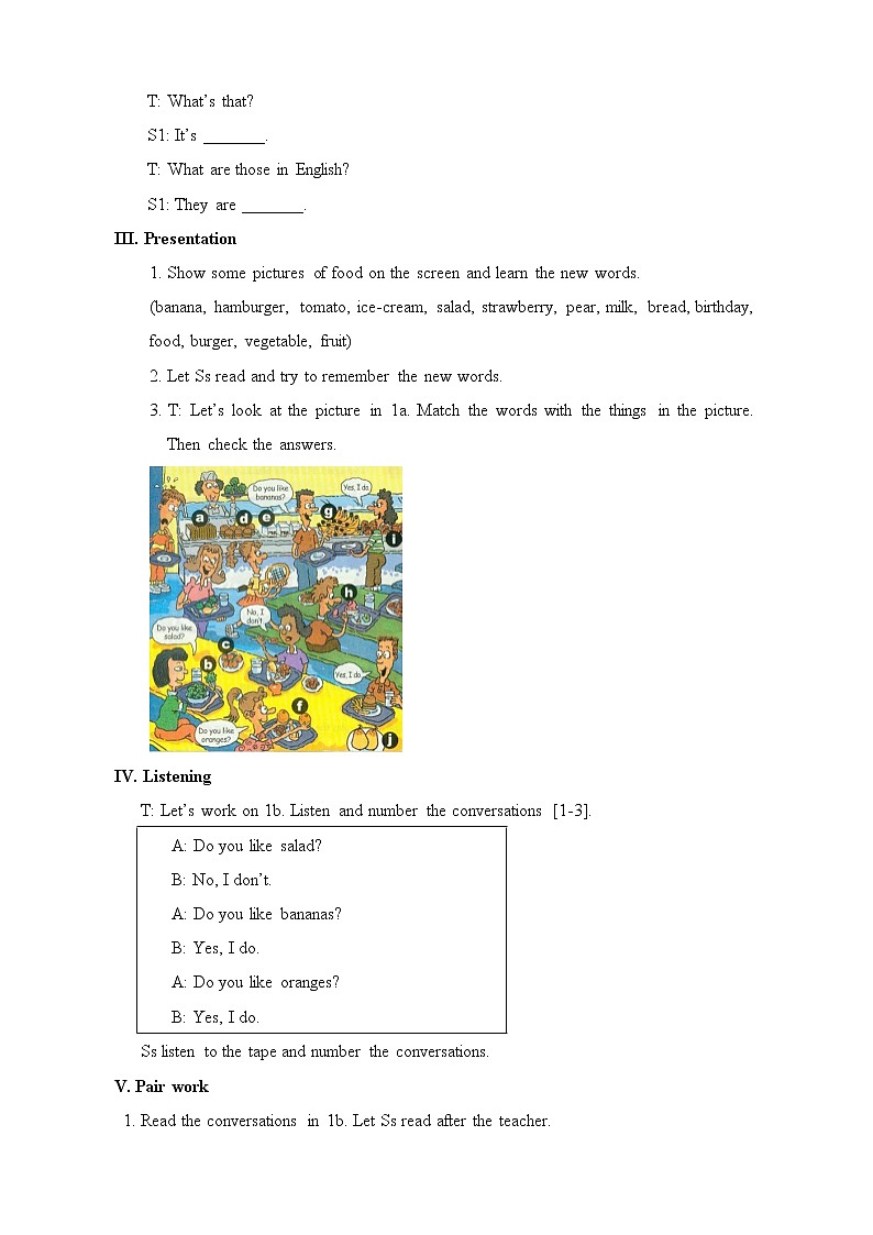 人教版七年级上册 U6 Do you like bananas？全单元教案03