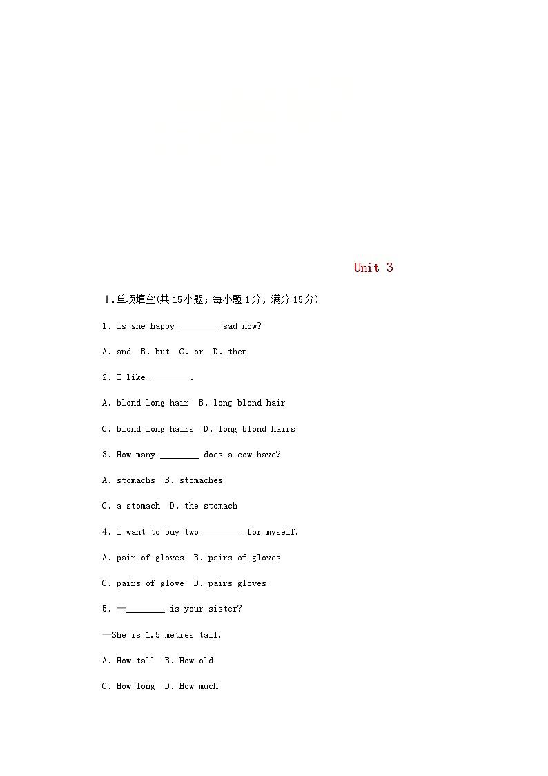 冀教版七年级英语上册Unit3 Body  Parts  and  Feelings 测试题201