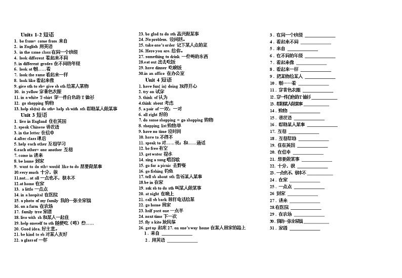 仁爱科普版初中英语七年级上册短语汇总练习题01