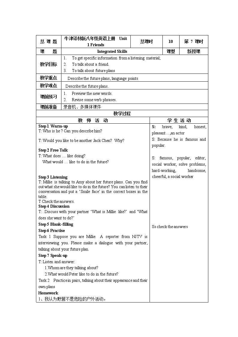 牛津译林版八年级英语上册 Unit 1  Friends 第7课时教案01