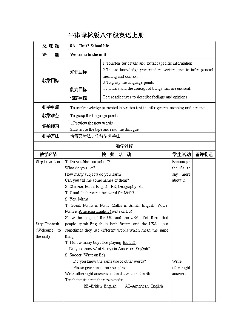牛津译林版八年级英语上册8A Unit2全单元教案01