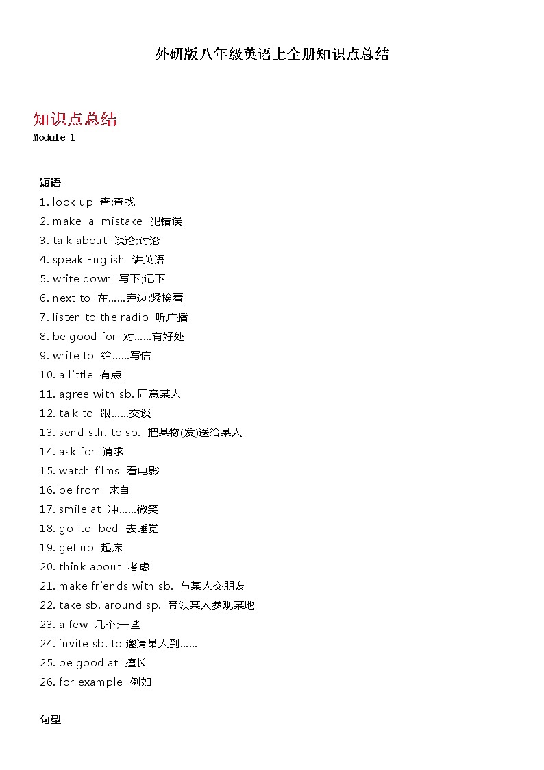 外研版八年级英语上全册知识点总结学案01