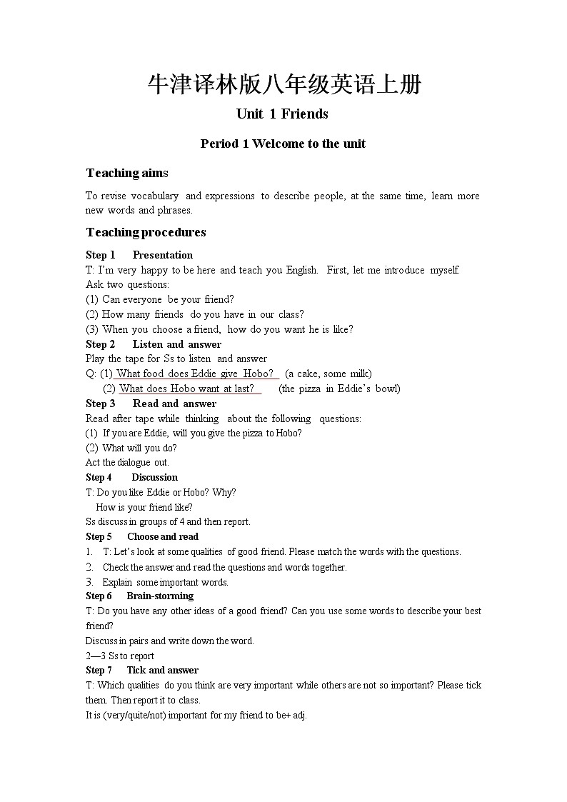 牛津译林版八年级英语上册unit1  period 1教案01