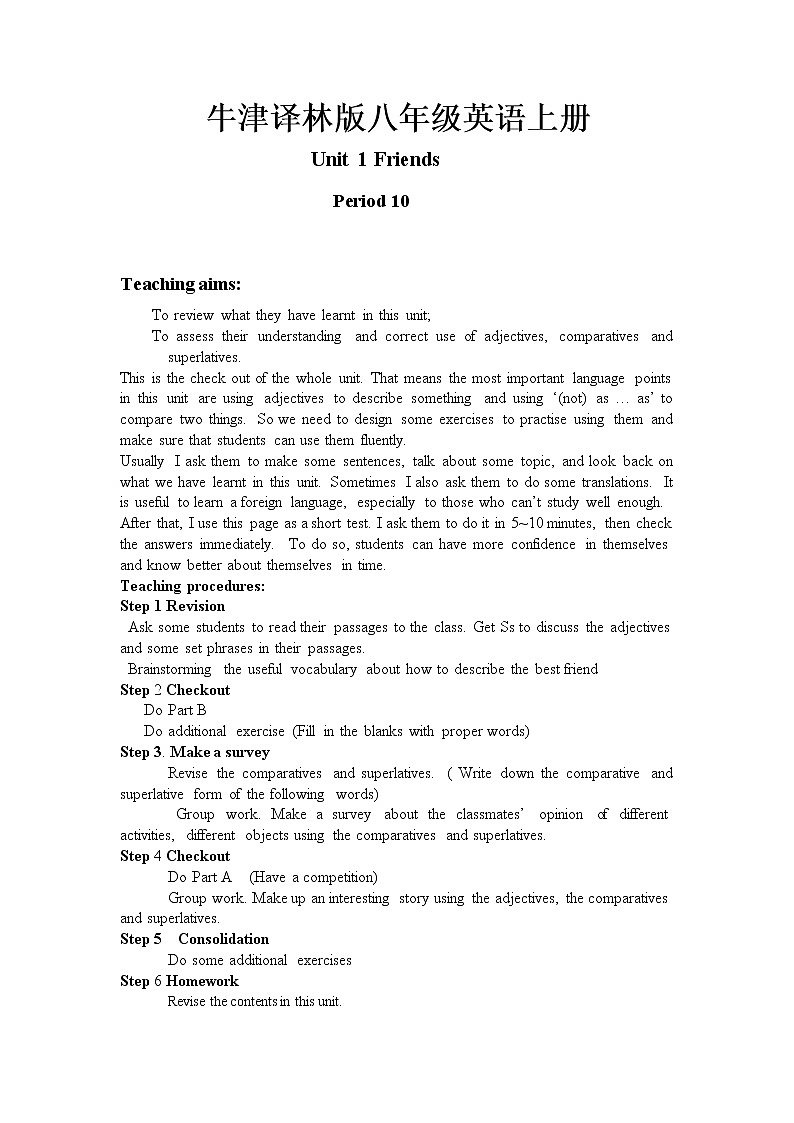 牛津译林版八年级英语上册unit1  period 10教案01