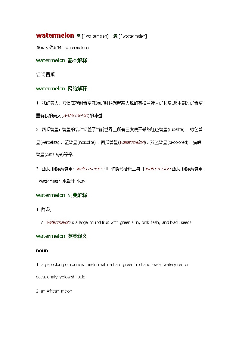 2021-2022学年牛津译林版英语七年级上册unit6 watermelon词汇讲义第1页