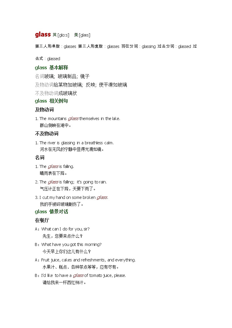 2021-2022学年牛津译林版英语七年级上册unit6 glass词汇讲义第1页