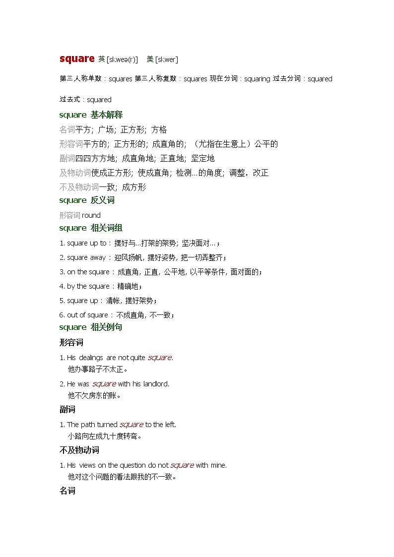 2021-2022学年牛津译林版英语八年级上册unit3 square词汇讲义01