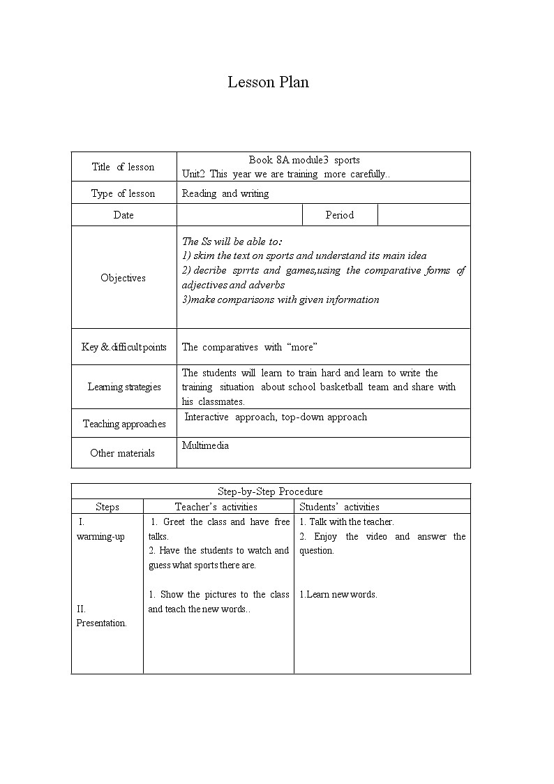 初中英语 外研（新标准）版 八年级上册Module 3 Sports   unit2 This year we are training more carefully同步教案 课件 练习01