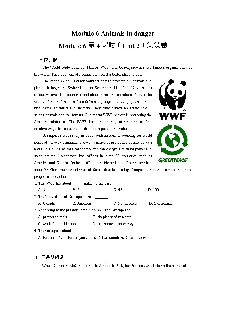 初中英语 外研（新标准）版 八年级上册Module 6 Animals in danger  Unit2 The WWF is working hard to save them all同步教案 课件 练习01