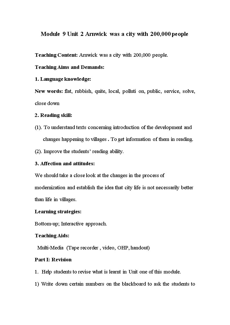 初中英语 外研（新标准）版 八年级上册Module 9 Population Unit 2 Arnwick was a city with 200,200 people同步教案 课件 练习01