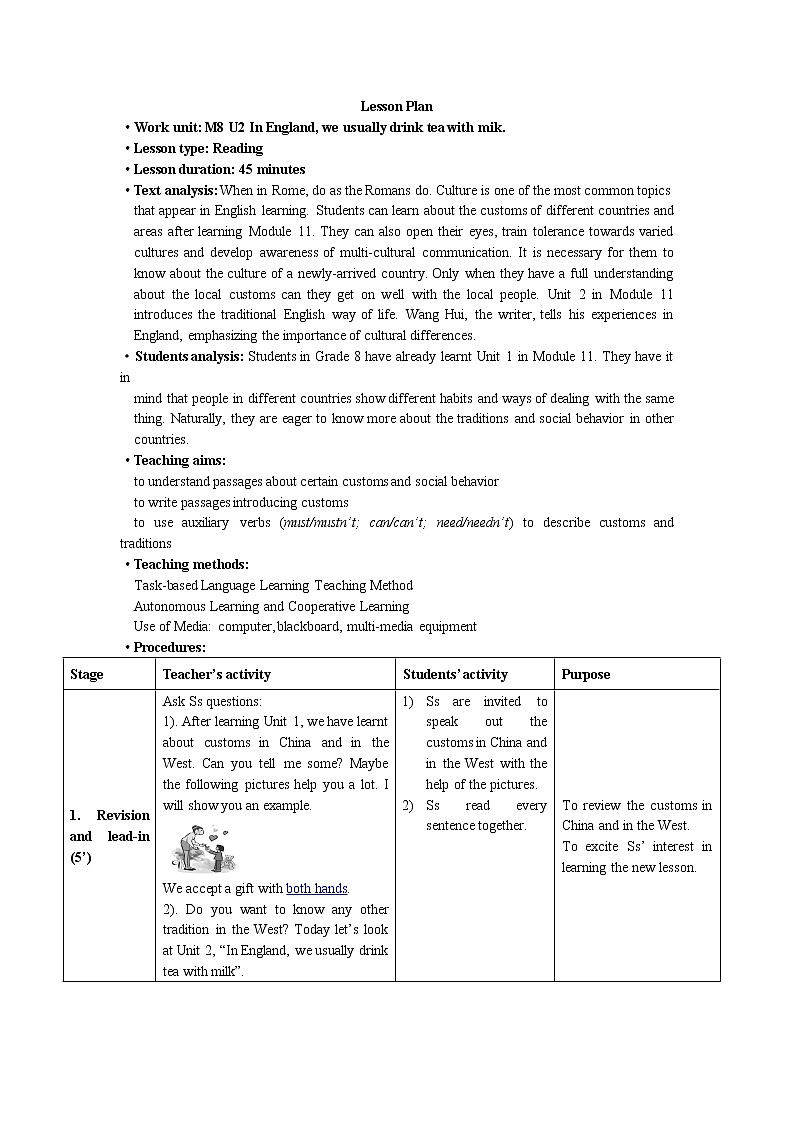 初中英语 外研（新标准）版 八年级上册Module 11Way of life  unit2 In England,you usually drink tea with milk同步教案 课件 练习01