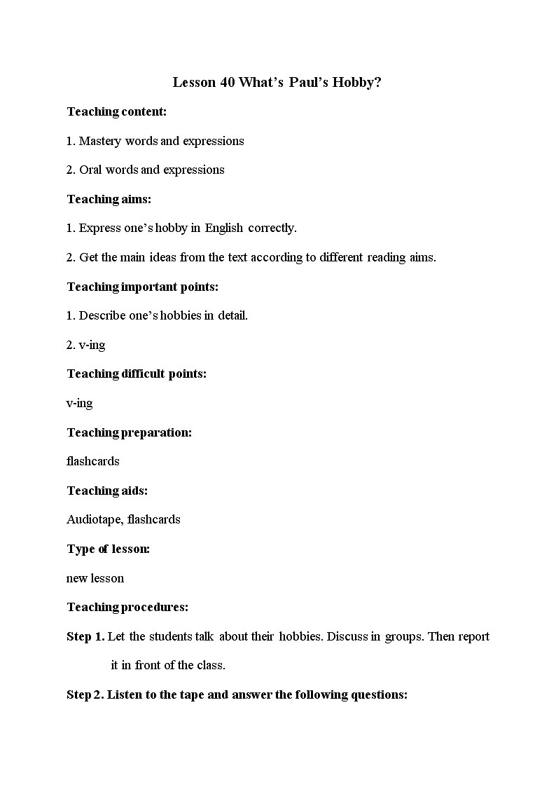 冀教版八年级上册英语 Unit7 Lesson 40 教案01