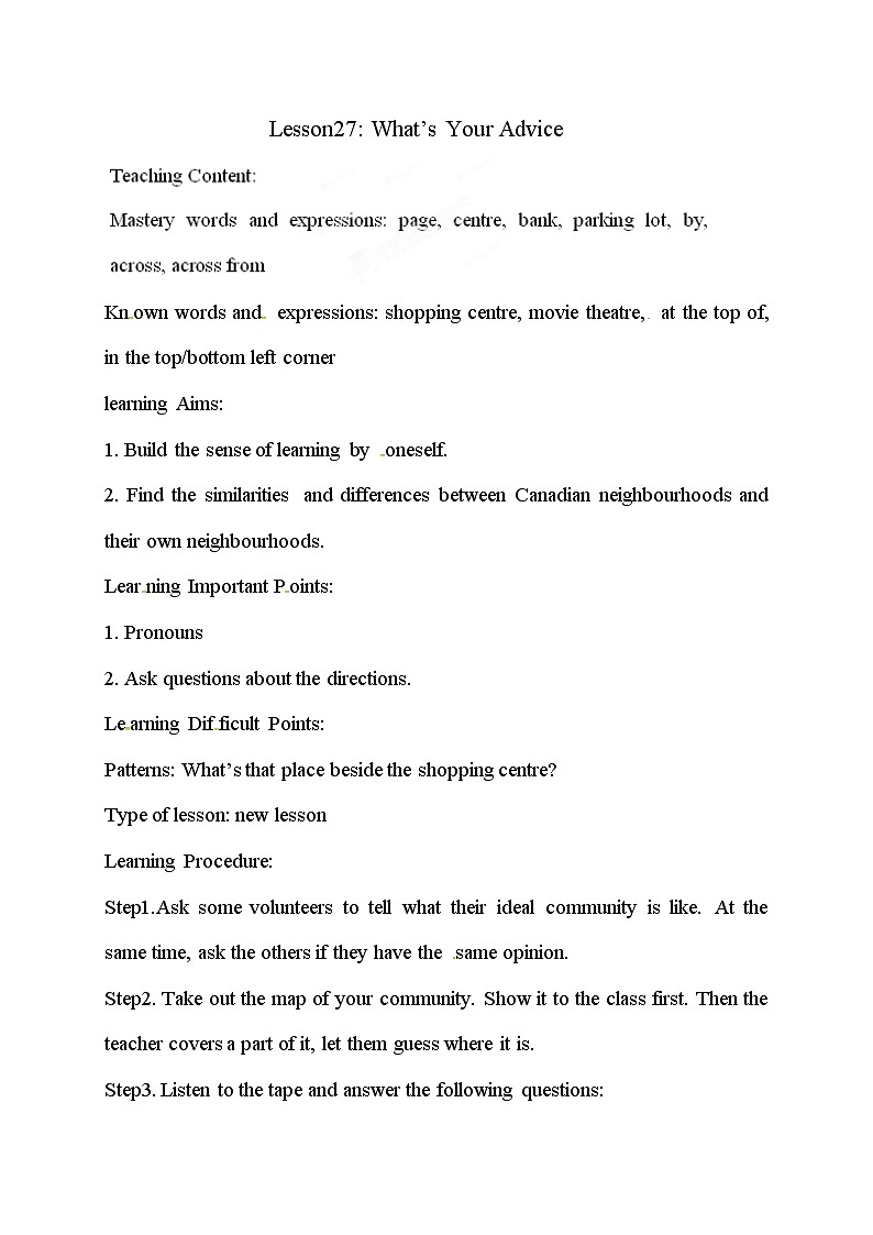 冀教版八年级上册英语 Unit5 Lesson 27 教案第1页