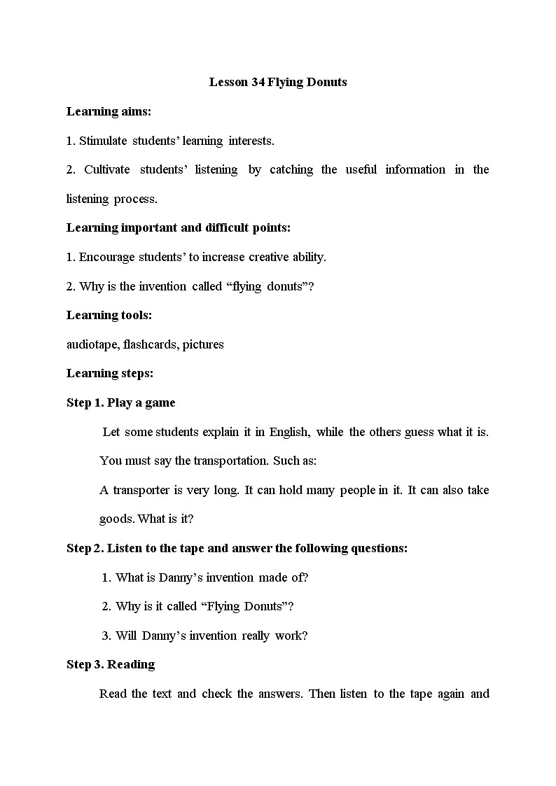 冀教版八年级上册英语 Unit6 Lesson 34 教学设计第1页