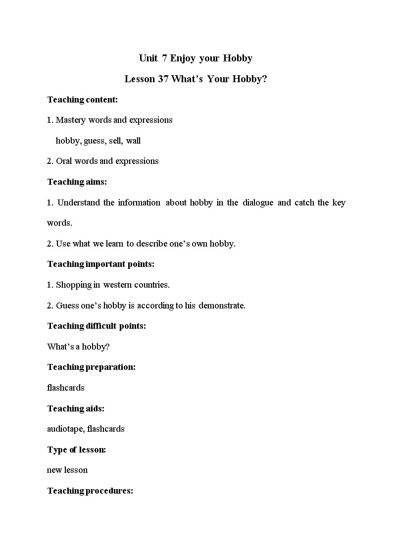 冀教版八年级上册英语 Unit7 Lesson 37 教案01