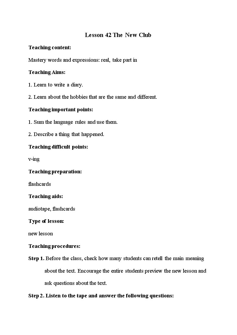 冀教版八年级上册英语 Unit7 Lesson 42 教案01