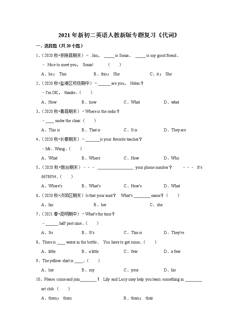 2021年新初二英语人教新版专题复习《代词》第1页